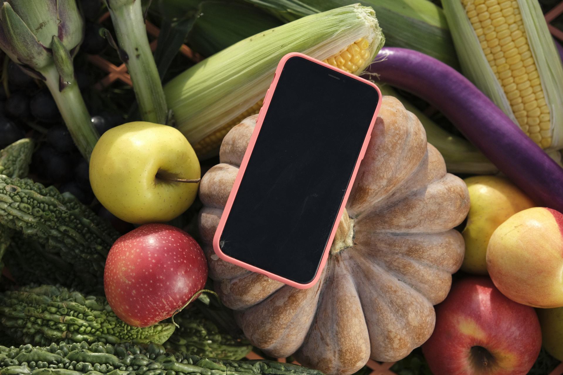 telefono appoggiato ad una zucca con attorno frutta e verdure colorate